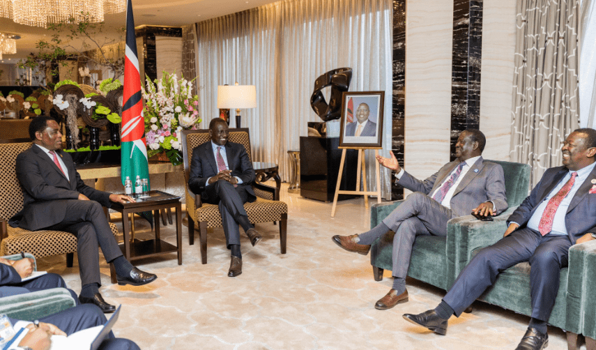 President William Ruto meeting Zambian President while accompanied by Raila odinga and Musalia Mudavadi in China on Wednesday, September 4, 2024. PHOTO/@WilliamsRuto/X