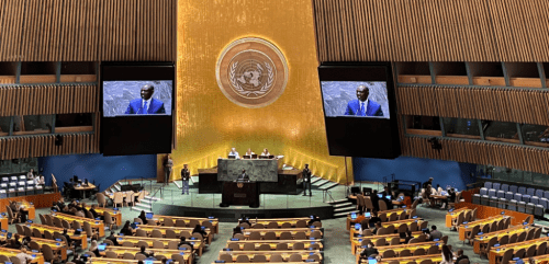 President William Ruto speaking at the United Nations General Assembly in New York on Friday September 27, 2024. PHOTO/@BabaUmarr/X