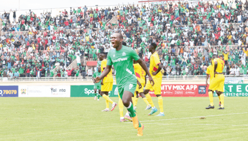 Alpha Onyango of Gor Mahia FC celebrates after scoring against El Merreikh Bentiu FC of South Sudan during their Caf Champions League 2024/25 preliminary round second leg played at the Nyayo National Stadium on August 25, 2024. PHOTO/Rodgers Ndegwa