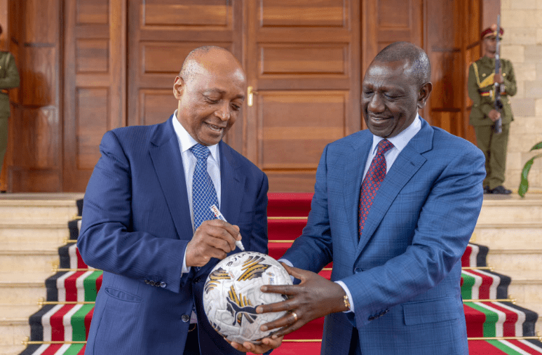 President William Ruto and Confederation of Africa Football President Patrice Motsepe, State House Nairobi. PHOTO/https://www.facebook.com/williamsamoei