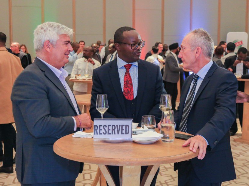 From left: Incoming CEO for East Africa and Group Managing Director of RUBiS Energy Kenya Olivier Sabrié, James Muthui Partner - Kaplan & Stratton Advocates and Outgoing CEO for East Africa and Group Managing Director Jean-Christian Bergeron during the farewell dinner at the JW Marriot hotel in Nairobi, Kenya. PHOTO/Print