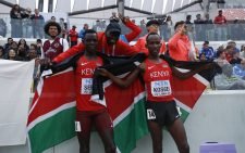 Kenya's Edmund Serem and Matthew Kosgei after winning gold and silver respectively in the men's 3000m steeplechase. PHOTO/@WorldAthletics/X