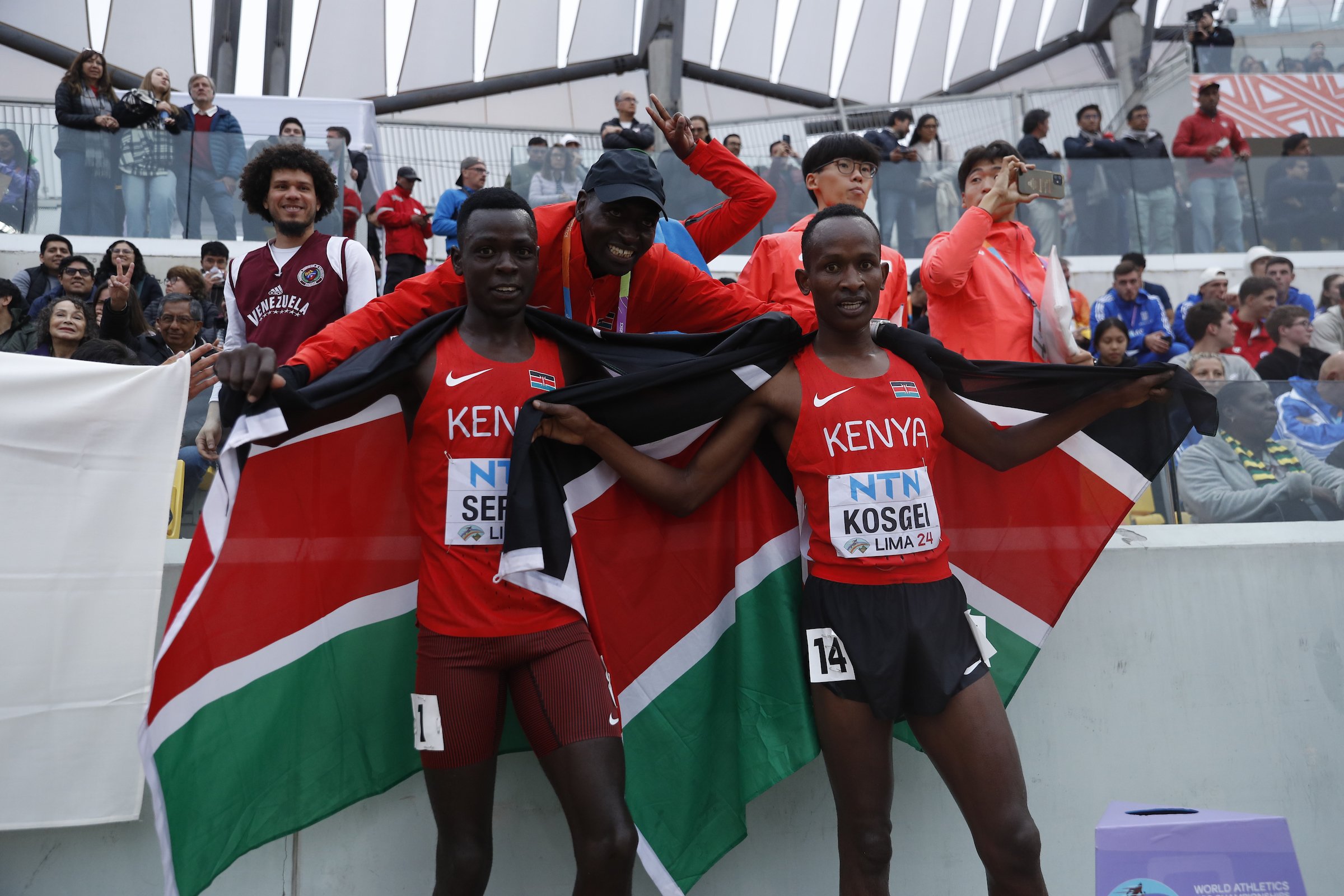 Kenya's Edmund Serem and Matthew Kosgei after winning gold and silver respectively in the men's 3000m steeplechase. PHOTO/@WorldAthletics/X