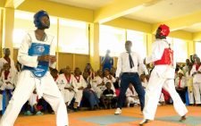 Participants take on each other during the national taekwondo tournament held at Mothers Union Hall town in Murang'a town. PHOTO/Wangari Njuguna