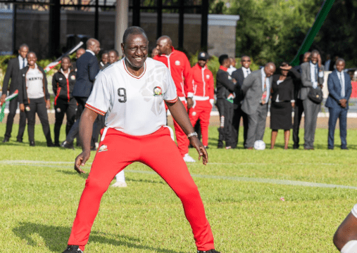 President William Ruto playing football during the flagging off of Junior Starlets at State House Nairobi on Wednesday September 18, 2024. PHOTO/@WilliamsRuto/X