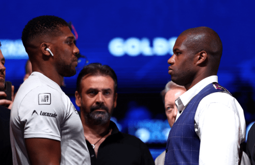 Anthony Joshua faces off with Daniel Dubois before the fight on Saturday, September 21, 2024. PHOTO/@wembleystadium/X
