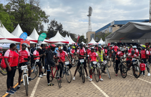 Cyclists prepare to start the Grand Nairobi Bike Race at Nyayo Stadium. PHOTO/@JubileeInsKE/X