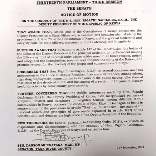 A screenshot of the censure motion filed by Tana River Senator Danson Mungatana against Gachagua. Screenshot by PeopleDailyDigital