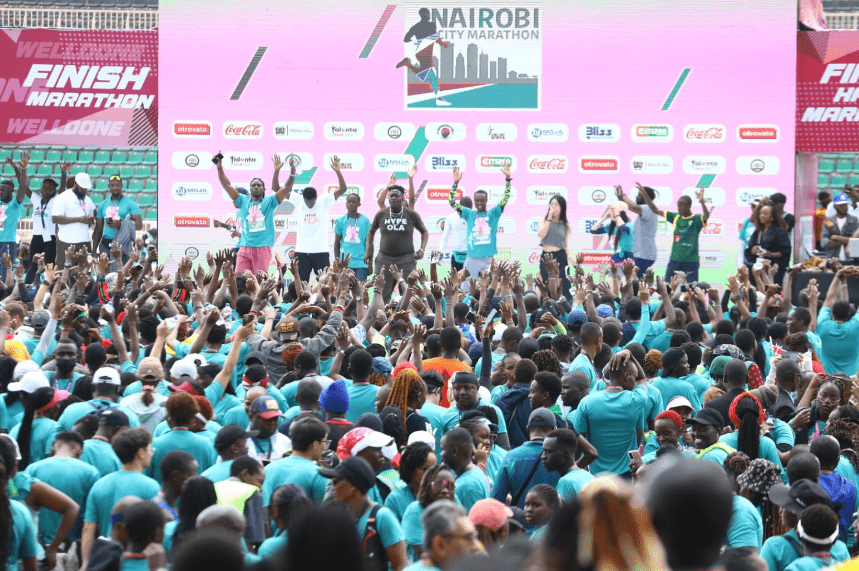 Athletics enthusiasts take part in the celebrations during the third edition of the Nairobi City Marathon at Nyayo Stadium on September 8, 2024. PHOTO/@NBOcitymarathon/X