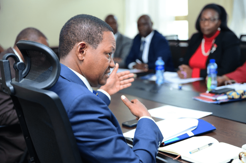 Cabinet Secretary for Labour and Social Protection Alfred Mutua addressing the FKE meeting. PHOTO/