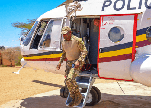 Acting Inspector General of Police Gilbert Masengeli diembarks from a police chopper in Mandera on September 9, 2024. PHOTO/@NPSOffical_KE/X