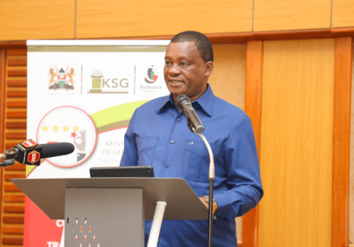 Public Service cabinet secretary Justin Muturi speaks during a function at the Kenya School of Government on September 20, 2024. PHOTO/@HonJBMuturi/X