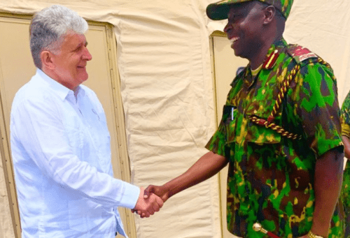 Kenyan commander in Haiti Godfrey Otunge shakes hands with Miroslav Jenča - Under-Secretary-General Europe, Central Asia, DPPA Americas and DPO. PHOTO/@MSSMHaiti/X