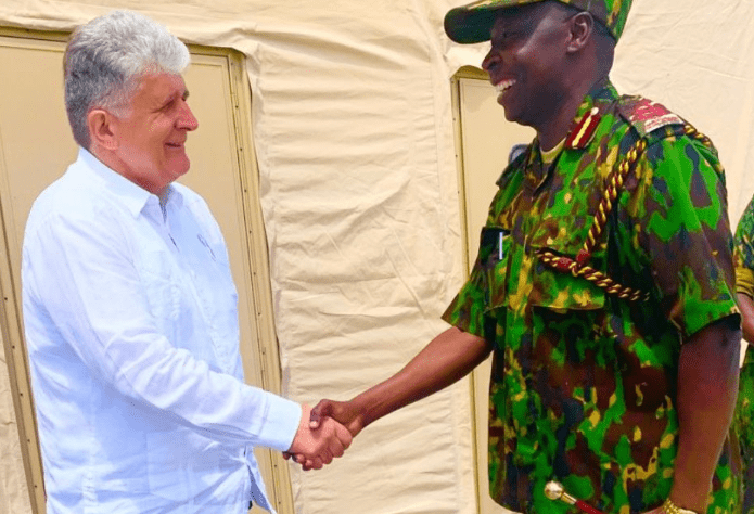 Kenyan commander in Haiti Godfrey Otunge shakes hands with Miroslav Jenča - Under-Secretary-General Europe, Central Asia, DPPA Americas and DPO. PHOTO/@MSSMHaiti/X