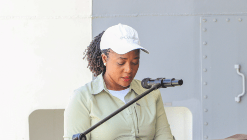 Defence Cabinet Secretary Soipan Tuya speaks during the handing over of the cargo ship from KDF to Kenya Railways on Thursday, September 19, 2024, in Kisumu. PHOTO/@KenyaShipyards/X