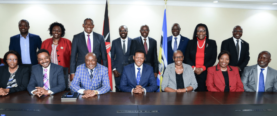 Cabinet Secretary for Labour and Social Protection Alfred Mutua poses for a group photo with FKE members. PHOTO/@DrAlfredMutua/X