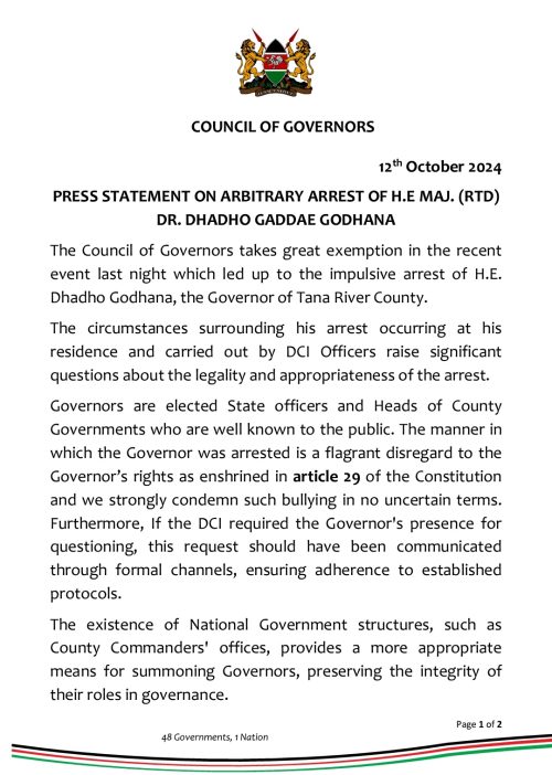 CoG statement on arrest of Tana River County Governor Dhadho Godhana. PHOTO/@KenyaGovernors/X
