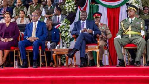 President William Ruto and Environment CS Aden Duale during the pass-out parade of the KFS cadets in Gilgil, Nakuru County. PHOTO/@HonAdenDuale/X