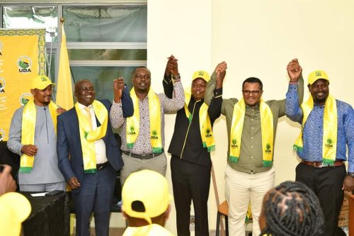 UDA Secretary-General Hassan Omar welcomes ODM's Elgeiyo-Marakwet County Chairman Micah Kigen to UDA. PHOTO/@UDAKenya/X