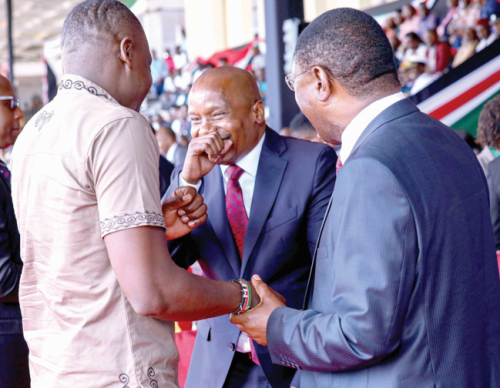 Prof Kithure Kindiki has a light-hearted moment during Sunday’s Mashujaa Day celebrations in Kwale. PHOTO/PSC