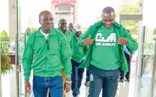 Eliud Owalo (right) with football legend Austin ‘Makamu’ Oduor (left) who has passed on. PHOTO/Print