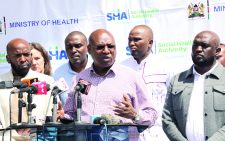 Principal Secretary for the State Department of Medical Services, Harry Kimtai (centre) with Social Health Authority (SHA) chairman Abdi Mohammed (right) among other Health stakeholders during a press briefing in Nairobi. PHOTO/Bernard Malonza