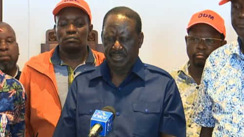 Former Prime Minister Raila Odinga accompanied by other ODM leaders addressing the press on Sunday, October 13, 2024. PHOTO/ Screengrab by PD Digital/https://www.facebook.com/AzimioTV/videos/1605746513312904
