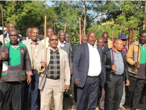 Njuri Ncheke council of elders Secretary general Josphat Murangiri (second left) and his Tharaka Nithi counterpart at Nchiru shrines in Tigania west during an earlier event photo by Dorcas Mbatia. PHOTO/Dorcas Mbatia