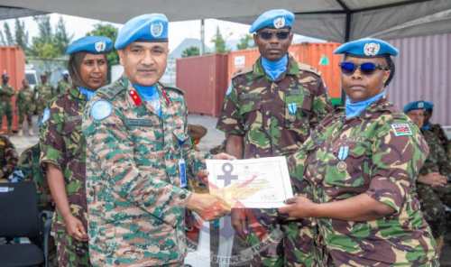 Kenya Signal 2 (KENSIG 2) soldiers in Goma receiving a certificate of service. PHOTO/@kdfinfo/X