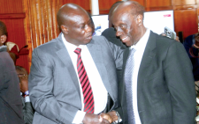 Embattled Rigathi Gachagua and lawyer Paul Muite at Milimani Law Courts in Nairobi. PHOTO/Charles Mathai