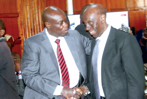 Embattled Rigathi Gachagua and lawyer Paul Muite at Milimani Law Courts in Nairobi. PHOTO/Charles Mathai