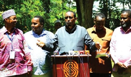 Dadaab MP Farah Maalim, flanked by fellow lawmakers from Garissa, Wajir and Mandera counties, addresses reporters in Mombasa yesterday on the educatiuon crisis in Northeastern Kenya. PHOTO/Reuben Mwambingu