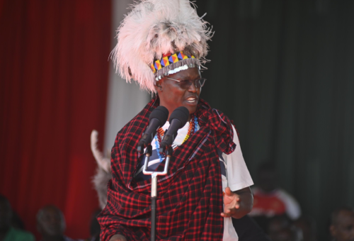 Turkana Governor Jeremiah Lemorukai speaks during the Tobong'u Lore Festival. PHOTO/@GvnLomorukai/X
