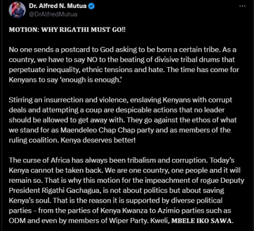 A statement shared by CS Alfred Mutua endorsing Deputy President Rigathi Gachagua's impeachment motion on Tuesday, October 1, 2024. PHOTO/ Screengrab by PD Digital/ @DrAlfredMutua/X
