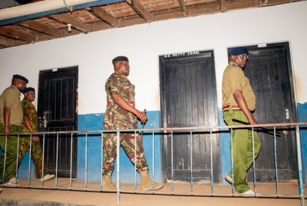 Deputies Inspector General of Administration Police and Kenya Police Gilbert Masengeli Eliud Lagat respectively inspect a police cell at the coast. PHOTO/@NPSOfficial_KE/X