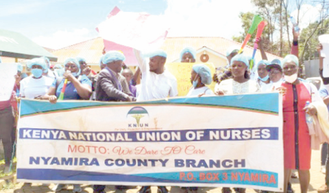 Nyamira branch of the Kenya National Union of Nurses (KNUN) members. PHOTO/Print