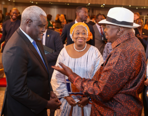 Retired President Uhuru Kenyatta speaks with African Union Commission chairman Moussa Faki in Abidjan, Ivory Coast on Friday, October 25, 2024. PHOTO/@4thPresidentKE/X