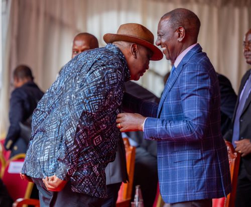 Former President Uhuru Kenyatta and President William Ruto in Embu during Peter Kimani's consecration as bishop. PHOTO/@paulinenjoroge/X