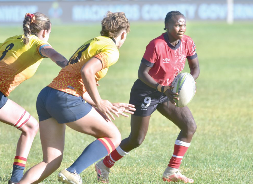 Kenya Lionesses scrum half Edith Naliaka in action against Costa Blanca Barbarians during the recent Safari 7s cup final at the Machakos Stadium. PHOTO/Alex Njue