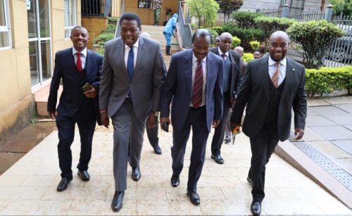 From left: Senator Dan Maanzo, Eugene Wamalwa, Kalonzo Musyoka and Senator Enock Wambua arriving in court on Wednesday November 27, 2024. PHOTO/@skmusyoka/X