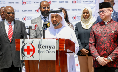 Government Spokesperson Isaac Mwaura (left) PS Kello Harsama of ASAL, Mr. Abdishakur Hussein of the Foreign Office, H.E. Dr. Salim Ibrahim Al Naqbi, UAE Ambassador to Kenya (speaking) and Dr. Ahmed Idris, Secretary General of KRCS and other officials on Tuesday November 5, 2024. PHOTO/@SpokespersonGoK/X