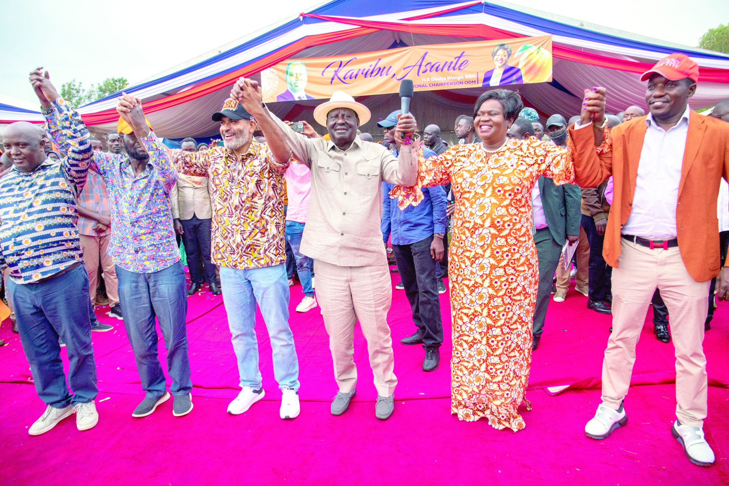 From left: Raila Odinga (centre) with ODM leaders Anyang Nyong’o, Abdullswamad Sherrif, Gladys Wanga and Simba Arati.  PHOTO/Emmanuel Wanson