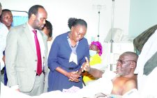 Health Cabinet Secretary Deborah Barasa speaks with Sublime Dialysis Centre patient Mzee James Kanyore when she visited the Nakuru facility on October 7 to check the progress of the SHIF rollout. Many patients said they had to pay from their own pockets because the system was not working. PHOTO/Raphael Mungeri