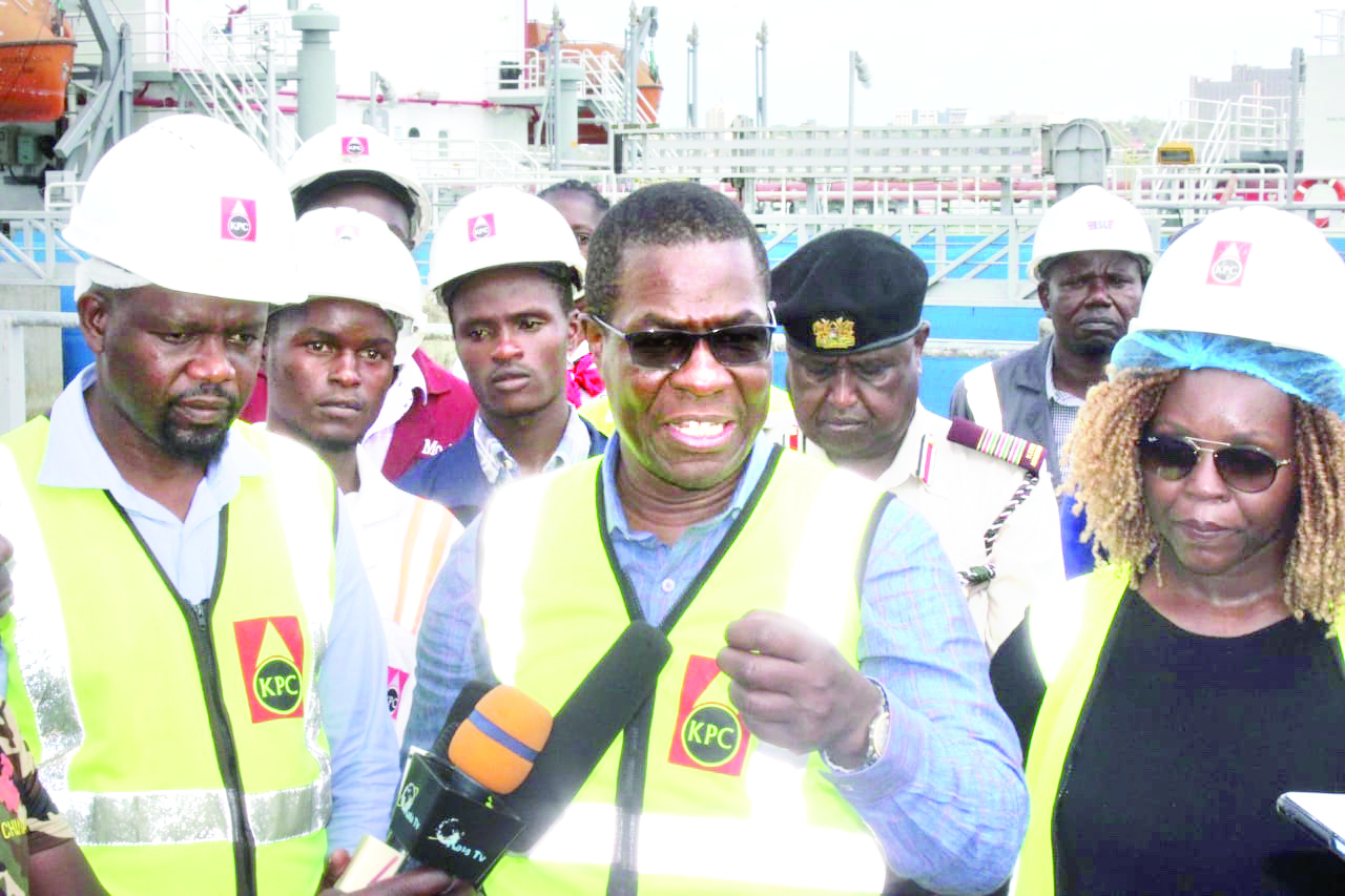 PolUm. Energy CS Opiyo Wandayi addresses journalists after touring Kisumu Oil Jetty. PHOTO/Kepher Otieno