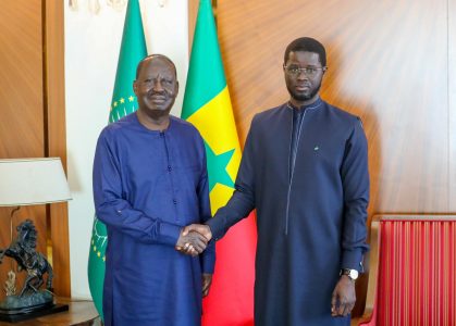 Kenya's African Union Commission (AUC) Chairmanship candidate Raila Odinga with Senegalese president Bassirou Diomaye Faye in Dakar. PHOTO/@RailaOdinga/X