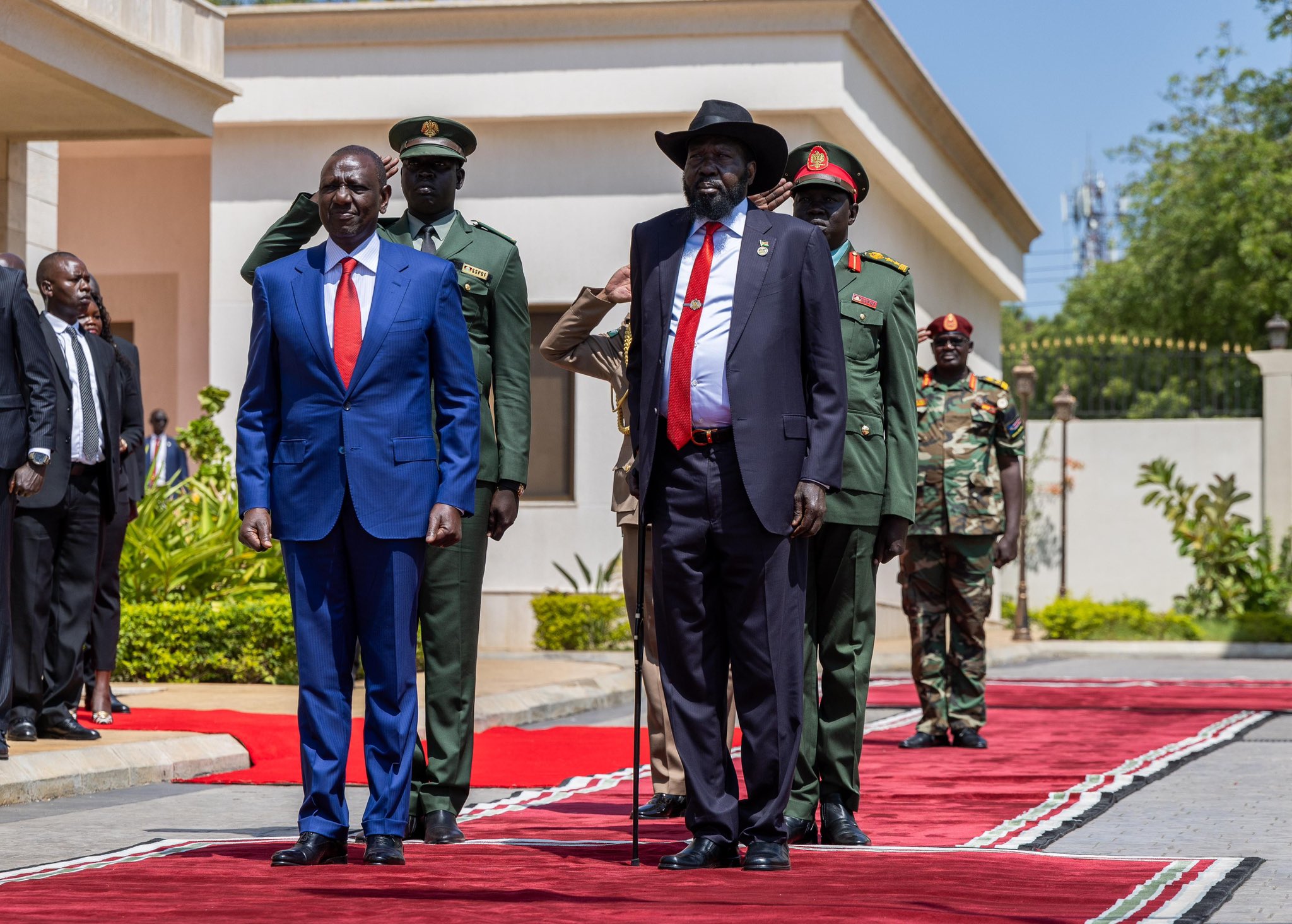 President William Ruto with his South Sudanese counterpart Salva Kiir upon his arrival in Juba on Wednesday, November 6, 2024. PHOTO/@StateHouseKenya/X