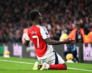 Bukayo Saka celebrates a goal for Arsenal. PHOTO/@Arsenal/X