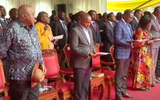 Former President Uhuru Kenyatta, Deputy President Kithure Kindiki and President William Ruto in Embu on Saturday November 16, 2024. PHOTO/ Screengrab by PD Digital/https://www.youtube.com/watch?v=JbKqsxElvuE