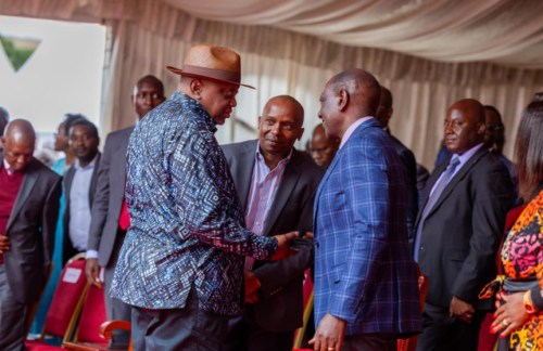 Former President Uhuru Kenyatta, President William Ruto and DP Kithure Kindiki exchanging pleasantries at the consecration of Bishop Peter Kimani in Embu on Saturday, November 16, 2024. PHOTO/@paulinenjoroge/X
