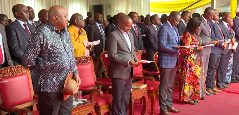 Former President Uhuru Kenyatta, Deputy President Kithure Kindiki and President William Ruto in Embu on Saturday November 16, 2024. PHOTO/ Screengrab by PD Digital/https://www.youtube.com/watch?v=JbKqsxElvuE